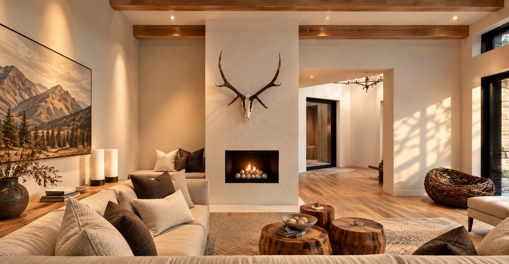 Living room with a plaster fireplace, antler mount, timber beams and soft neutral sofas