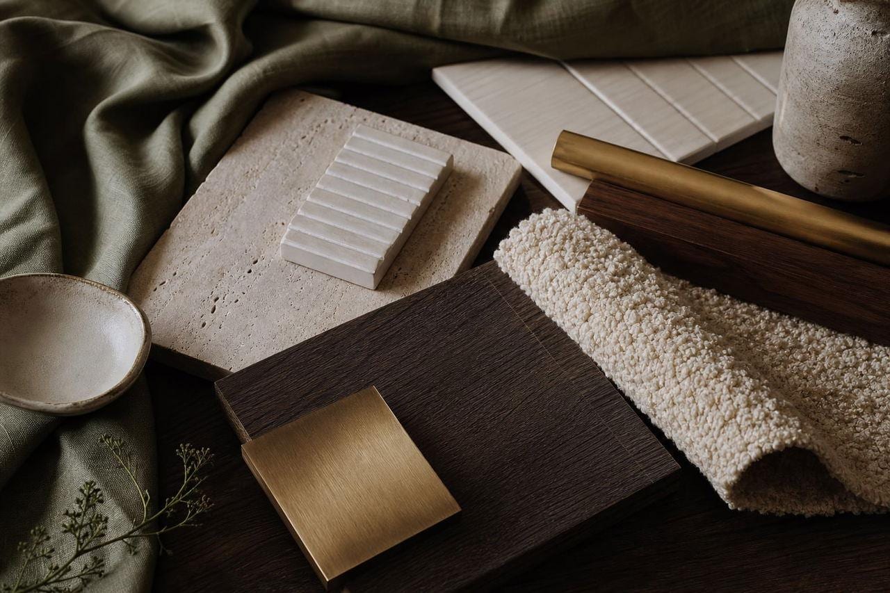 Interior material samples: stone, timber, brass, textured fabric and olive linen