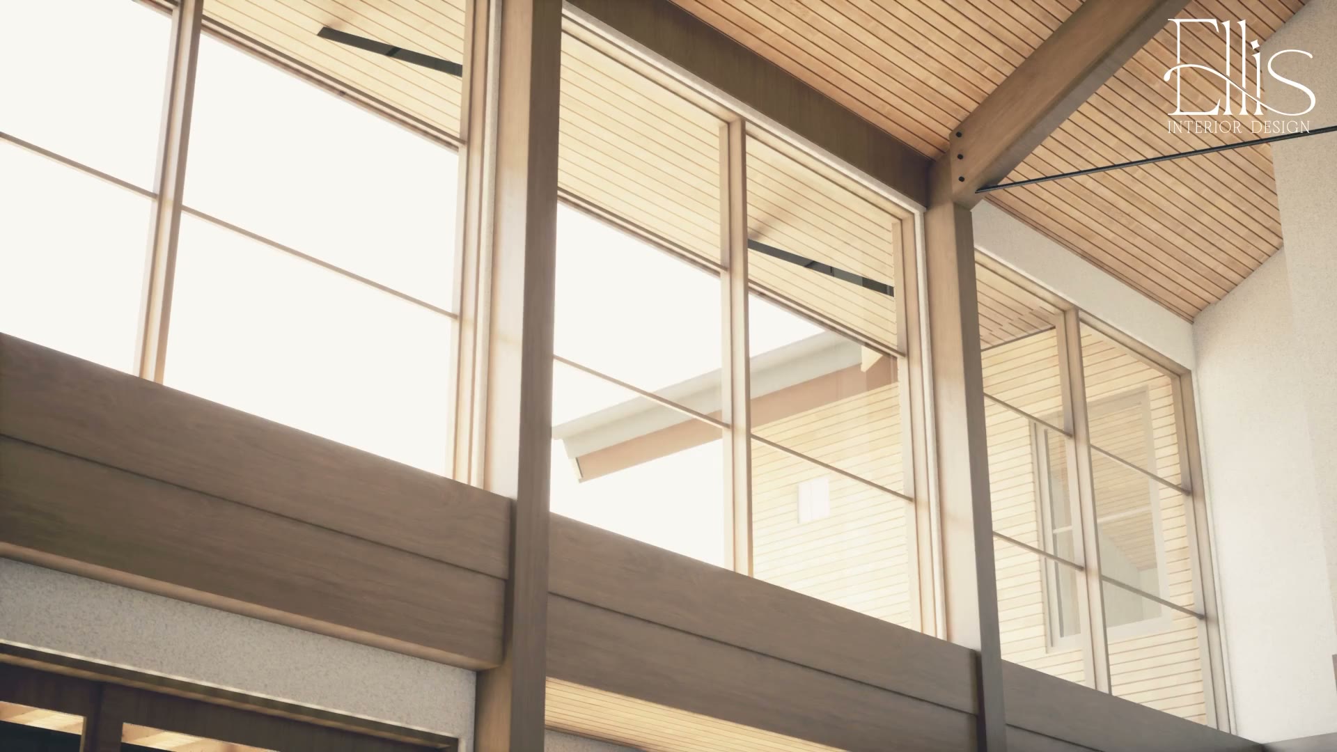 Photorealistic 3D render of a kitchen with tall windows and a timber ceiling