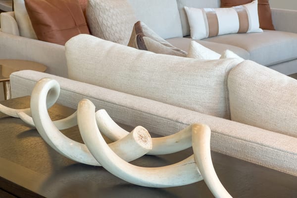 Curved white sculptures on a dark console behind a cream sofa with rust and cream pillows
