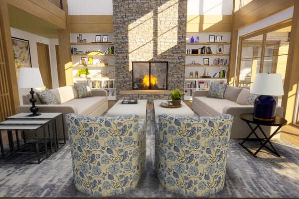 Rendering of a living room with a stone fireplace, built-in shelves and floral armchairs