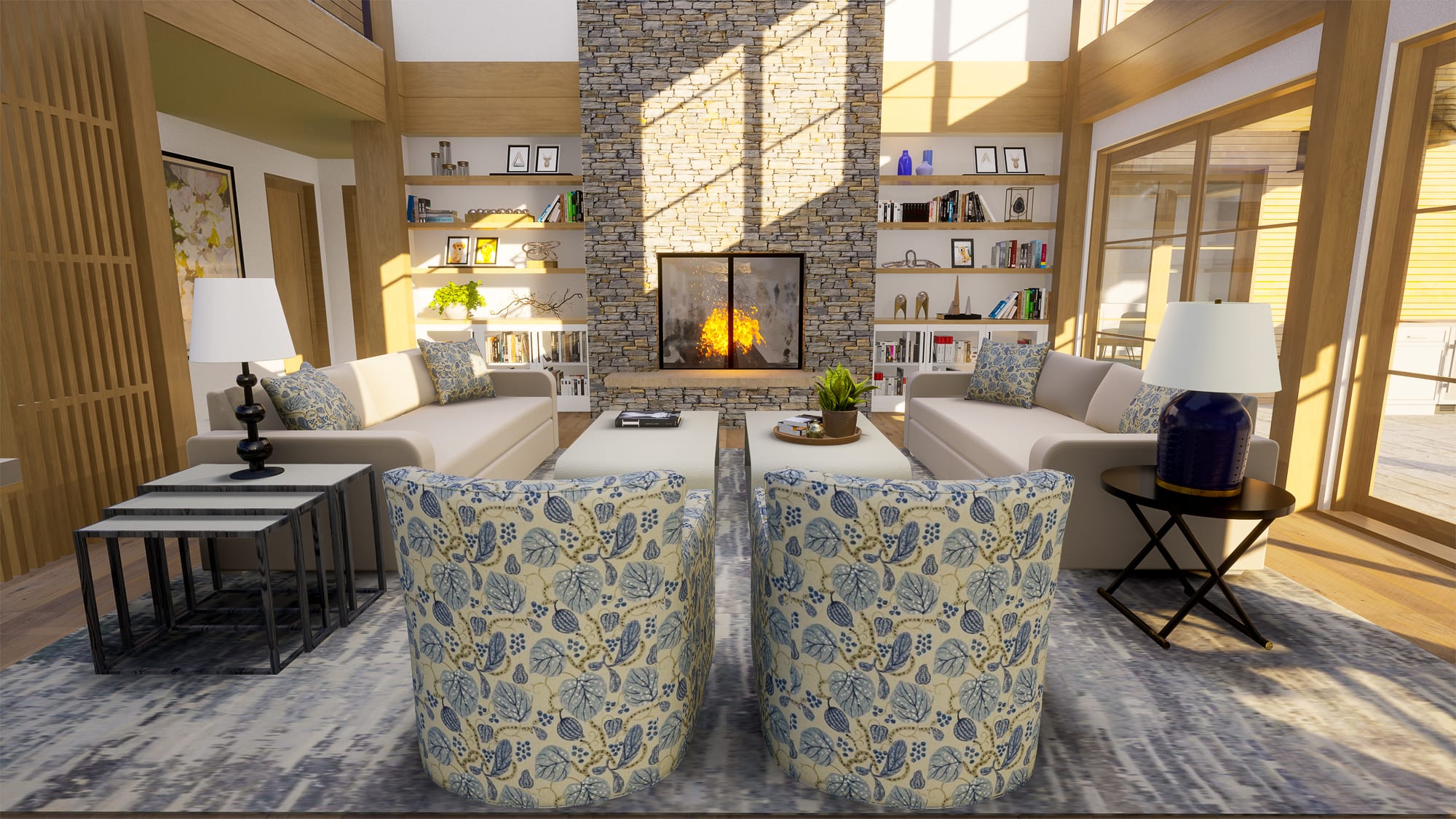 Rendering of a living room with a stone fireplace, built-in shelves and floral armchairs