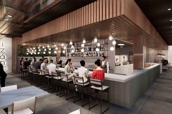 Rendering of a restaurant bar with a wood slat ceiling and globe pendant lights
