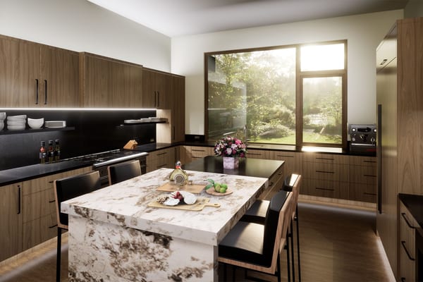 Rendering of a kitchen with walnut cabinets and a marble island with bar stools