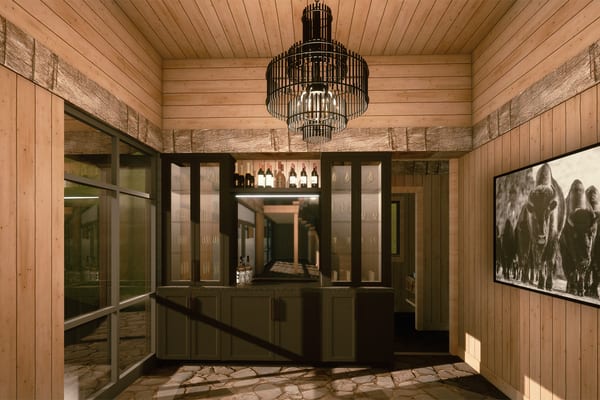 Rendering of a wood-paneled entry with a black chandelier, a wine display and a bison photograph