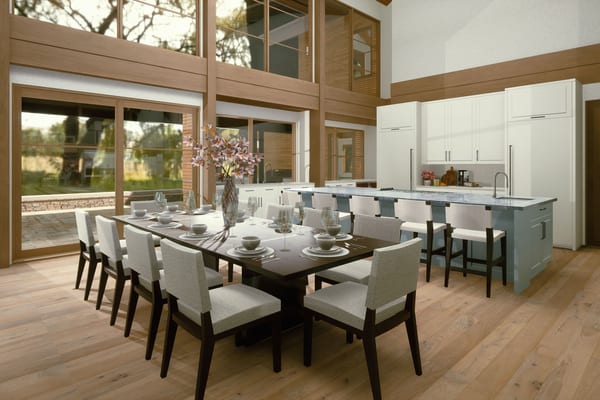 Rendering of a long dining table beside an open kitchen and tall windows