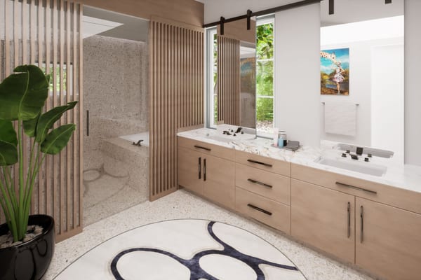 Rendering of a bathroom with a double vanity, wood slat screens and a marble shower