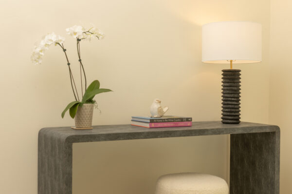 Console table with a plant, lamp, and books with a small ceramic bird on top of them.